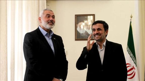 Iran’s former president Mahmoud Ahmadinejad (right) and Chairman of the Hamas Political Bureau Ismail Haniyeh in Tehran